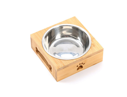 HKM-293587 Solid Wood Pet Dining Table with Stainless Steel Bowls for Cats and Dogs