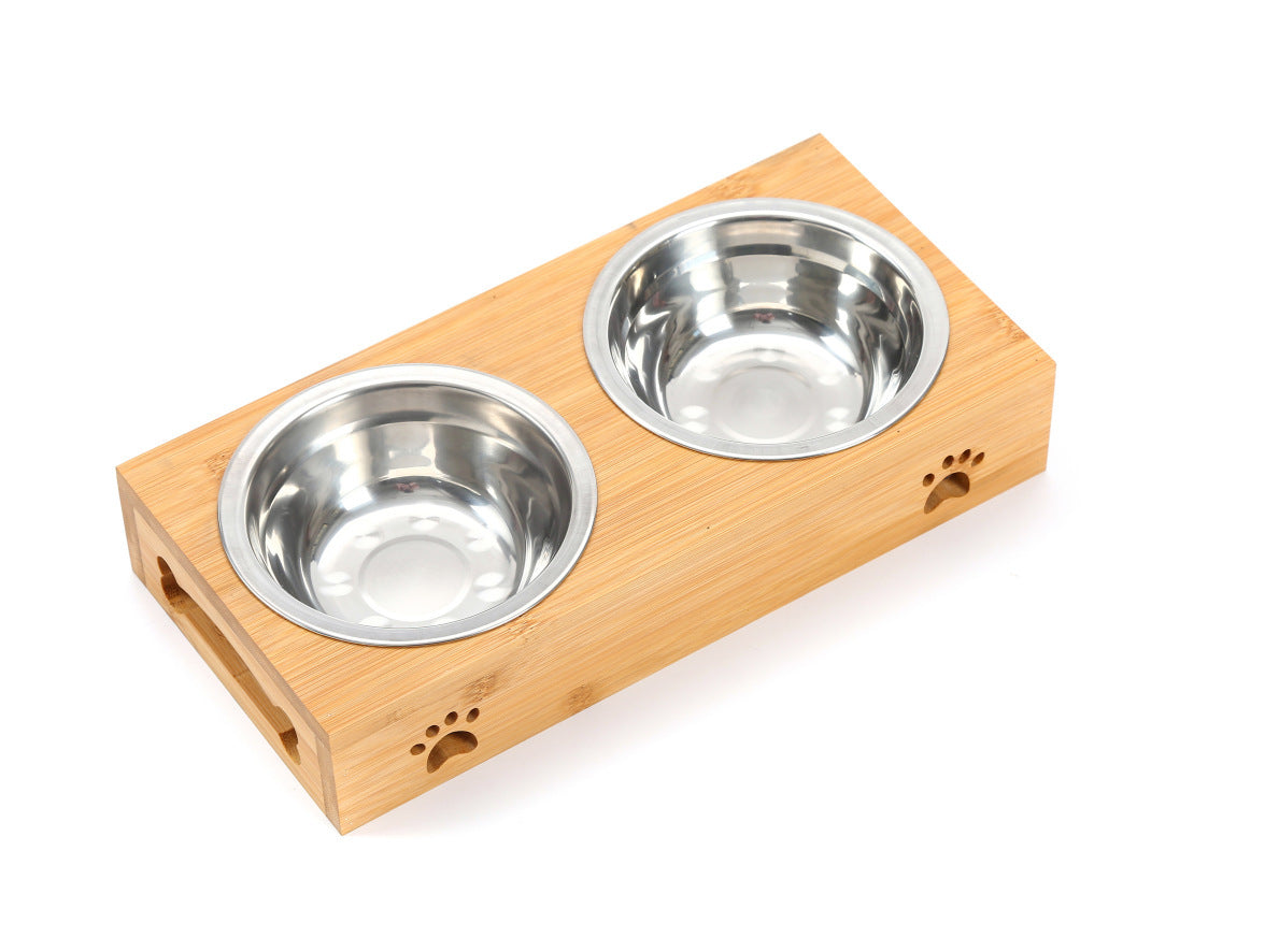 HKM-293587 Solid Wood Pet Dining Table with Stainless Steel Bowls for Cats and Dogs