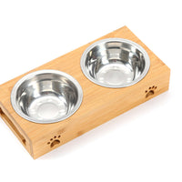 HKM-293587 Solid Wood Pet Dining Table with Stainless Steel Bowls for Cats and Dogs