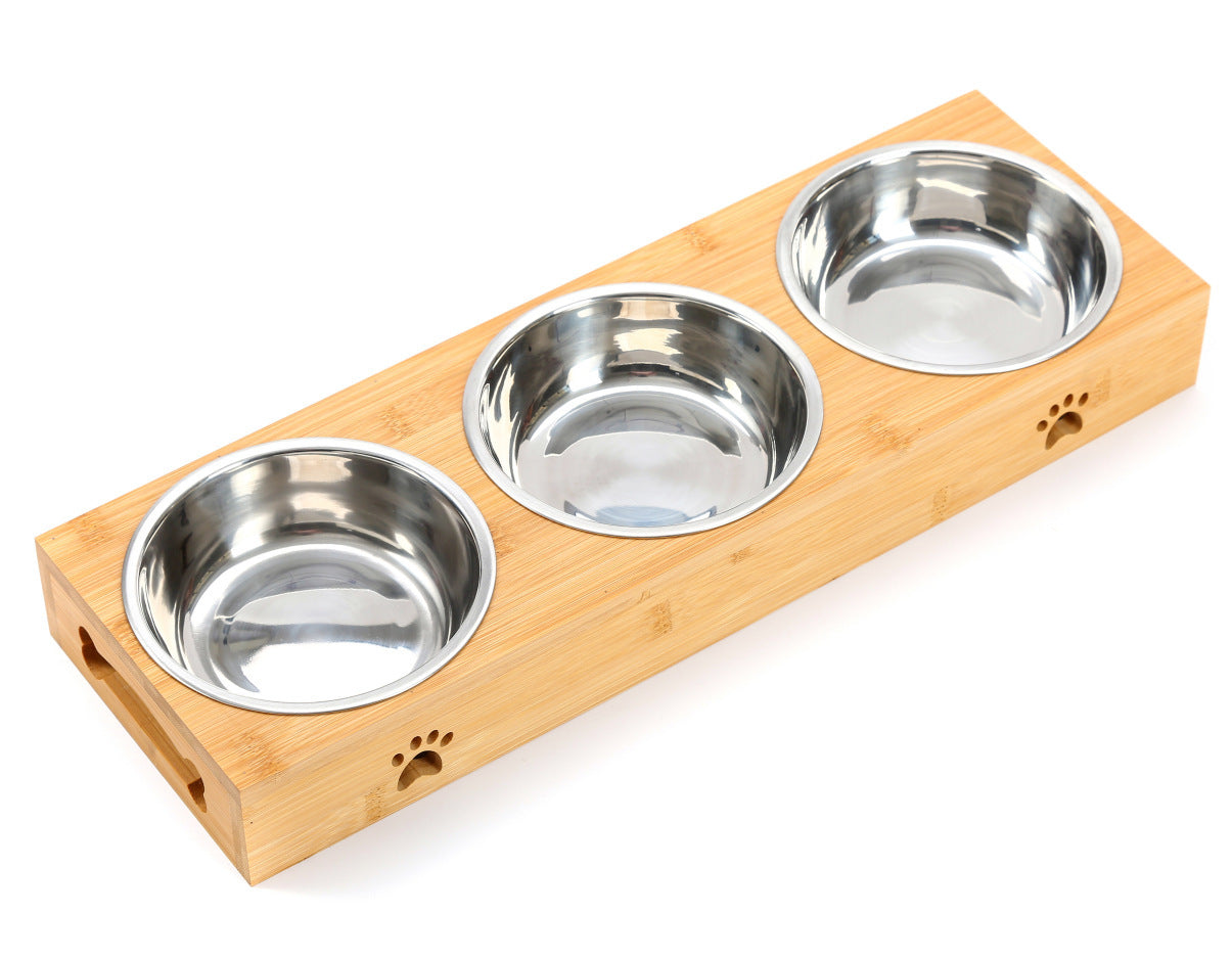 HKM-293587 Solid Wood Pet Dining Table with Stainless Steel Bowls for Cats and Dogs