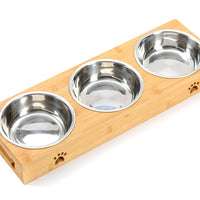 HKM-293587 Solid Wood Pet Dining Table with Stainless Steel Bowls for Cats and Dogs