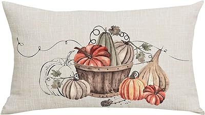 HKM-293715 Autumn Pumpkin Floral Linen Pillow Cover - 30x50cm