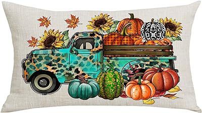 HKM-293715 Autumn Pumpkin Floral Linen Pillow Cover - 30x50cm
