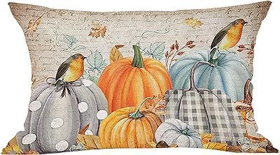 HKM-293715 Autumn Pumpkin Floral Linen Pillow Cover - 30x50cm