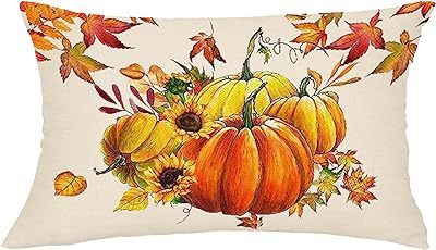 HKM-293715 Autumn Pumpkin Floral Linen Pillow Cover - 30x50cm