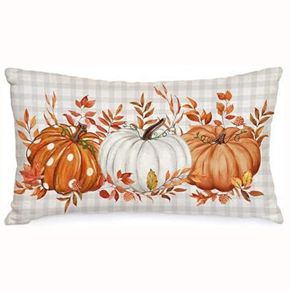 HKM-293715 Autumn Pumpkin Floral Linen Pillow Cover - 30x50cm