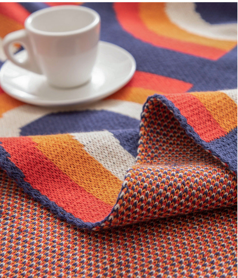 HKM-294035 Colorful Cotton Bohemian Throw Blanket - Nordic Style Knitted Towel Blanket, 130x160cm