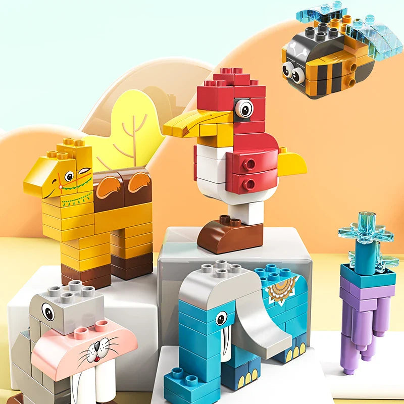HKM-294291 6 in 1 Animal Zoo Big Particles Brick Building Toy Set with 126 Pieces and Over 20 Shapes for Ages 3 and Up