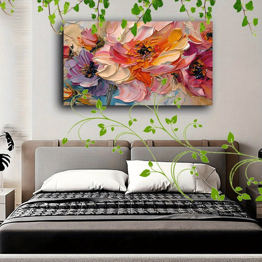 HKM-294803 Floral Canvas Wall Art with Wooden Frame - Textured Pastel Flowers for Home and Office Decor