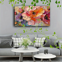 HKM-294803 Floral Canvas Wall Art with Wooden Frame - Textured Pastel Flowers for Home and Office Decor