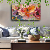 HKM-294803 Floral Canvas Wall Art with Wooden Frame - Textured Pastel Flowers for Home and Office Decor