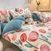 HKM-294867 Cozy Milk Velvet Winter Bed Set with Cartoon and Geometric Patterns - Four-Piece Duvet Cover, Sheet, and Pillowcases