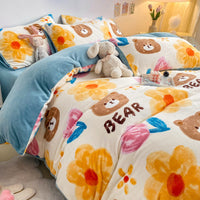 HKM-294867 Cozy Milk Velvet Winter Bed Set with Cartoon and Geometric Patterns - Four-Piece Duvet Cover, Sheet, and Pillowcases
