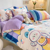 HKM-294867 Cozy Milk Velvet Winter Bed Set with Cartoon and Geometric Patterns - Four-Piece Duvet Cover, Sheet, and Pillowcases