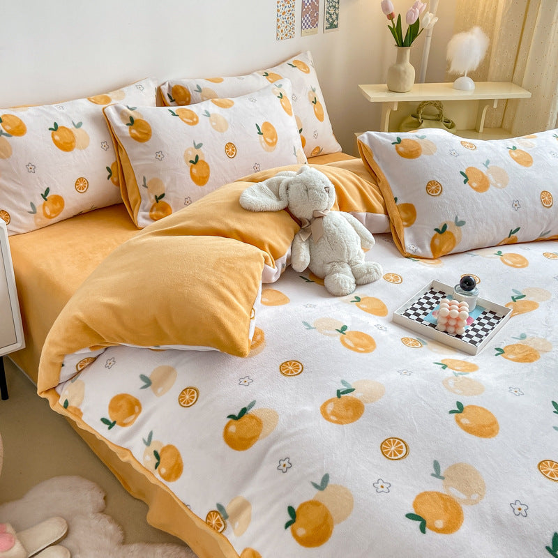 HKM-294867 Cozy Milk Velvet Winter Bed Set with Cartoon and Geometric Patterns - Four-Piece Duvet Cover, Sheet, and Pillowcases