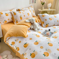 HKM-294867 Cozy Milk Velvet Winter Bed Set with Cartoon and Geometric Patterns - Four-Piece Duvet Cover, Sheet, and Pillowcases