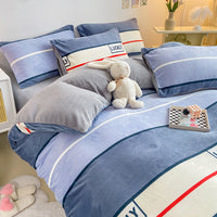 HKM-294867 Cozy Milk Velvet Winter Bed Set with Cartoon and Geometric Patterns - Four-Piece Duvet Cover, Sheet, and Pillowcases