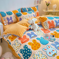 HKM-294867 Cozy Milk Velvet Winter Bed Set with Cartoon and Geometric Patterns - Four-Piece Duvet Cover, Sheet, and Pillowcases