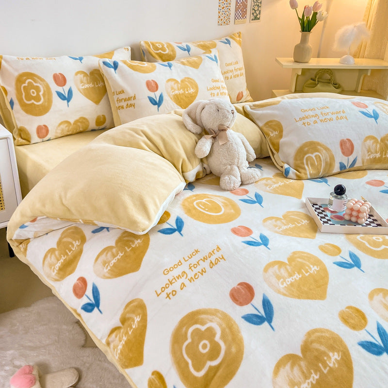 HKM-294867 Cozy Milk Velvet Winter Bed Set with Cartoon and Geometric Patterns - Four-Piece Duvet Cover, Sheet, and Pillowcases
