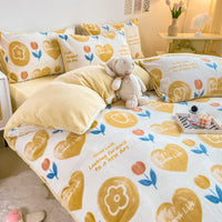 HKM-294867 Cozy Milk Velvet Winter Bed Set with Cartoon and Geometric Patterns - Four-Piece Duvet Cover, Sheet, and Pillowcases