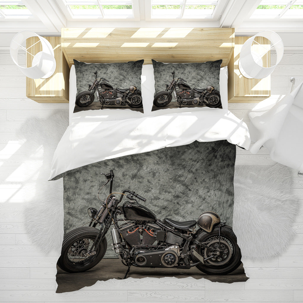 HKM-295187 Dark Retro Motorcycle Quilt Cover Set with Pillowcase - Available in Multiple Sizes