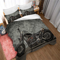HKM-295187 Dark Retro Motorcycle Quilt Cover Set with Pillowcase - Available in Multiple Sizes