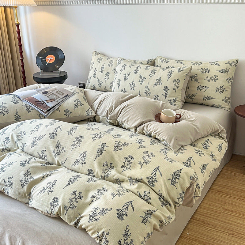 HKM-295187 Four-Piece Jacquard Quilt Cover Set with Plant and Flower Design - Cotton and Linen Bedding for 1.5 to 2.0 Bed Sizes