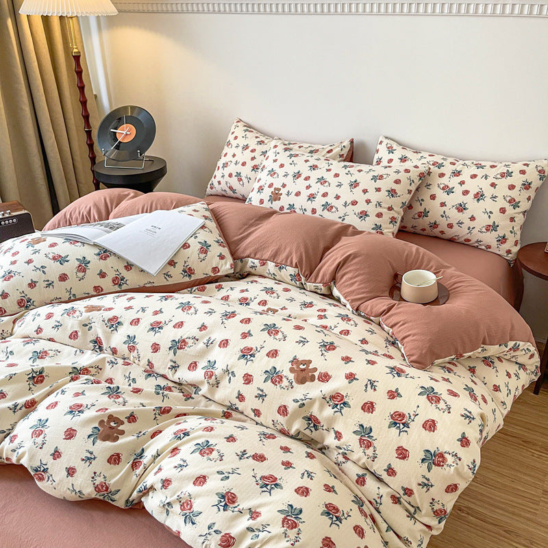 HKM-295187 Four-Piece Jacquard Quilt Cover Set with Plant and Flower Design - Cotton and Linen Bedding for 1.5 to 2.0 Bed Sizes