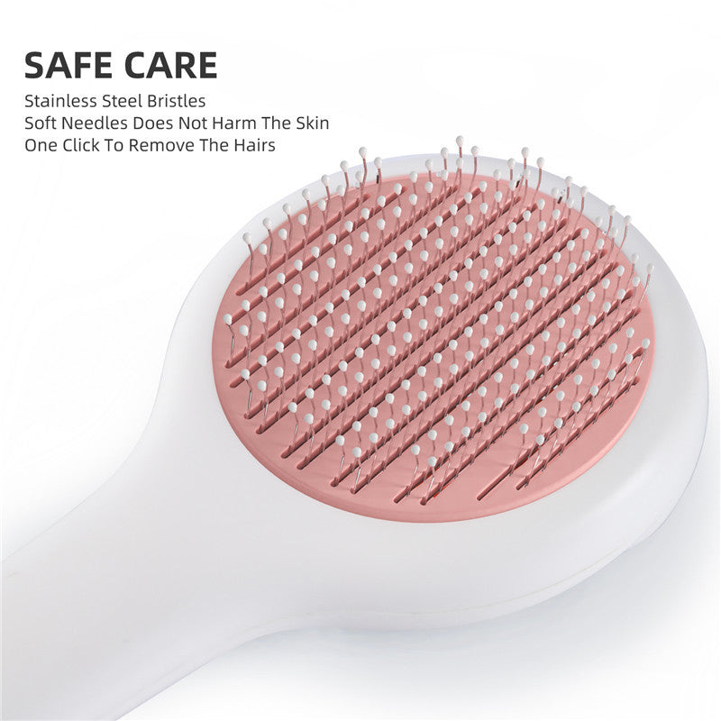 HKM-295635 Pet Massage Comb for Cats and Dogs - One Button Design, Pink, ABS+TPR+Stainless Steel, Size 210mm x 90mm x 42mm