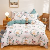 HKM-295699 Cotton Three-Piece Quilt Cover Set for Student Dormitory with Cartoon and Floral Patterns