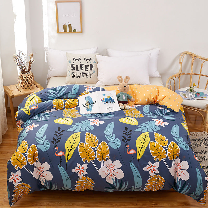 HKM-295699 Cotton Three-Piece Quilt Cover Set for Student Dormitory with Cartoon and Floral Patterns