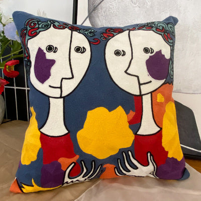 HKM-295763 Abstract Picasso-Inspired Embroidered Throw Pillowcase - 45X45 Cotton Design in Various Colors