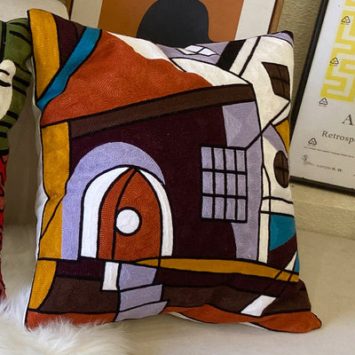 HKM-295763 Abstract Picasso-Inspired Embroidered Throw Pillowcase - 45X45 Cotton Design in Various Colors