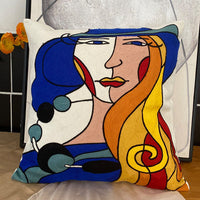 HKM-295763 Abstract Picasso-Inspired Embroidered Throw Pillowcase - 45X45 Cotton Design in Various Colors