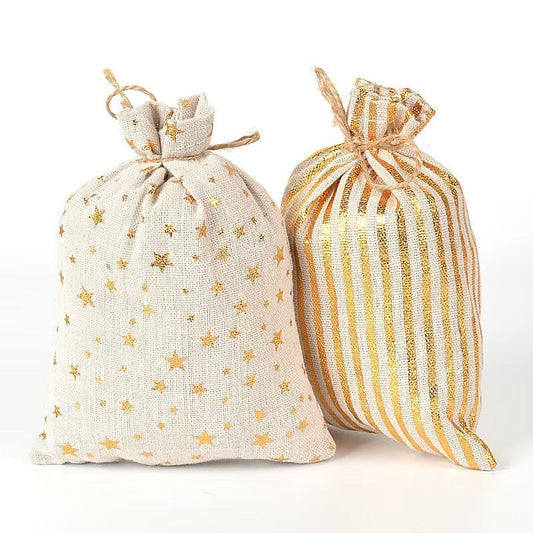 HKM-295827 Christmas Digital Tag Drawstring Bag Set with Embroidery and Clips - Cotton and Linen, 24 Bags Included