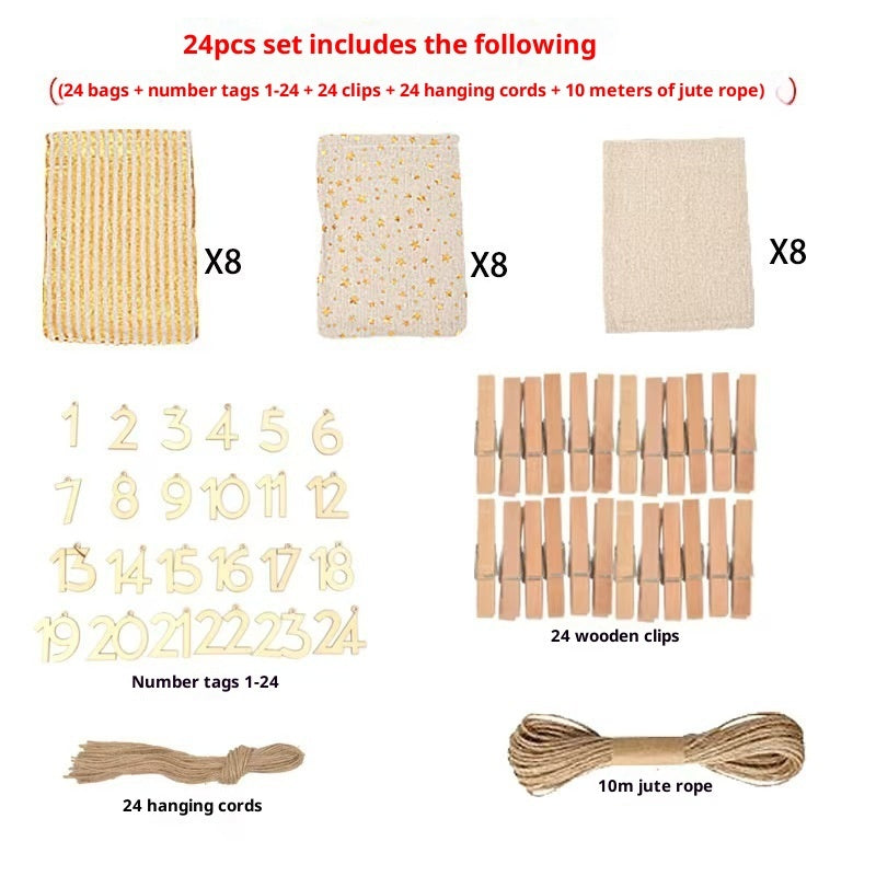 HKM-295827 Christmas Digital Tag Drawstring Bag Set with Embroidery and Clips - Cotton and Linen, 24 Bags Included
