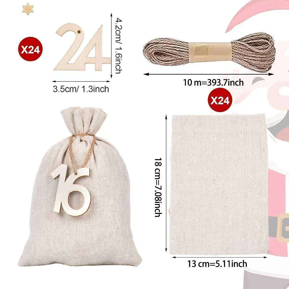HKM-295827 Christmas Digital Tag Drawstring Bag Set with Embroidery and Clips - Cotton and Linen, 24 Bags Included