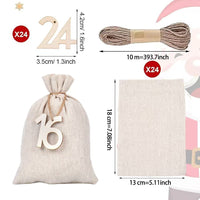 HKM-295827 Christmas Digital Tag Drawstring Bag Set with Embroidery and Clips - Cotton and Linen, 24 Bags Included