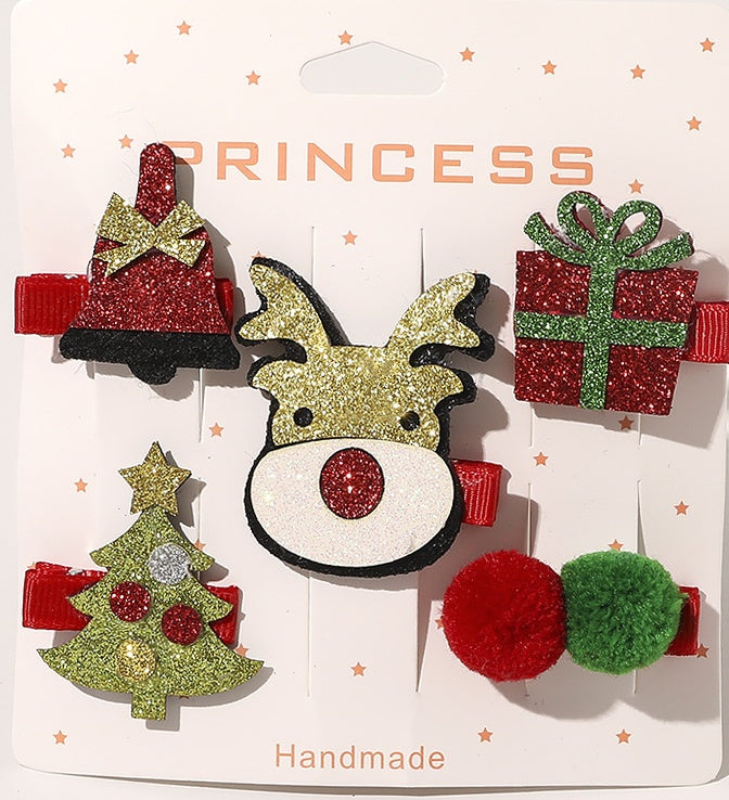 HKM-296147 Christmas-Themed Children's Hairpin Set - 5 Duck Beak Clips with Elk, Tree, Santa Designs