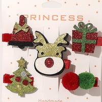 HKM-296147 Christmas-Themed Children's Hairpin Set - 5 Duck Beak Clips with Elk, Tree, Santa Designs
