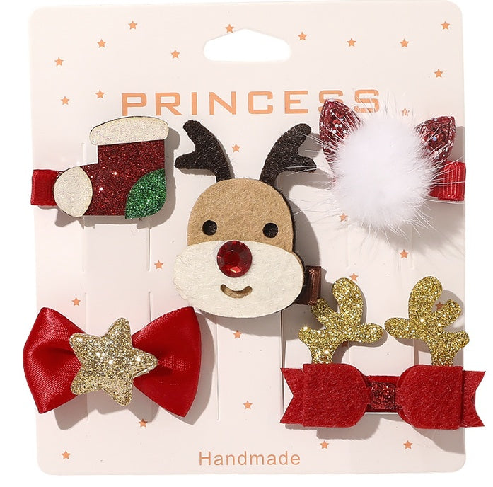 HKM-296147 Christmas-Themed Children's Hairpin Set - 5 Duck Beak Clips with Elk, Tree, Santa Designs