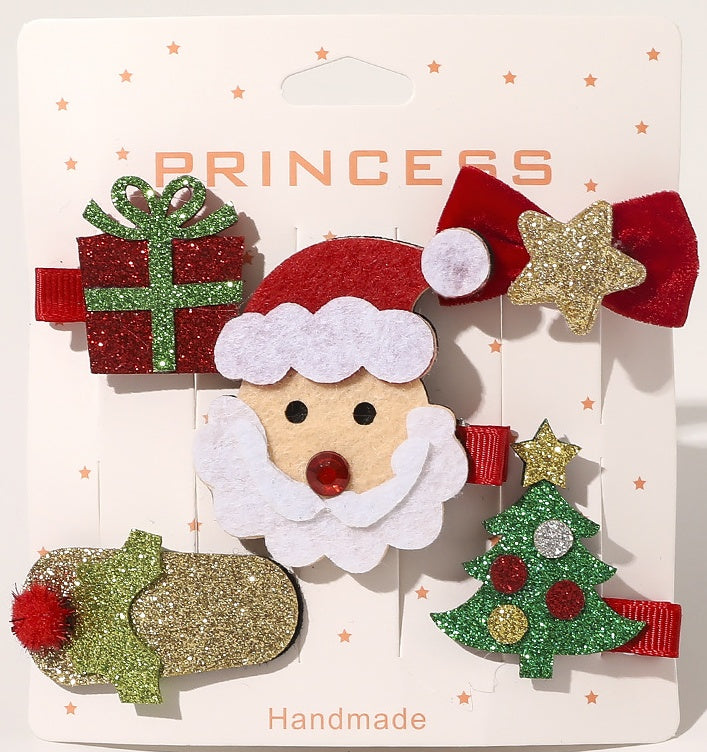 HKM-296147 Christmas-Themed Children's Hairpin Set - 5 Duck Beak Clips with Elk, Tree, Santa Designs