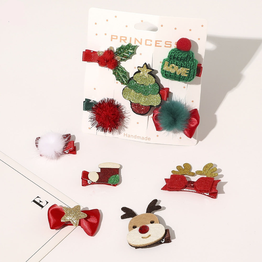 HKM-296147 Christmas-Themed Children's Hairpin Set - 5 Duck Beak Clips with Elk, Tree, Santa Designs