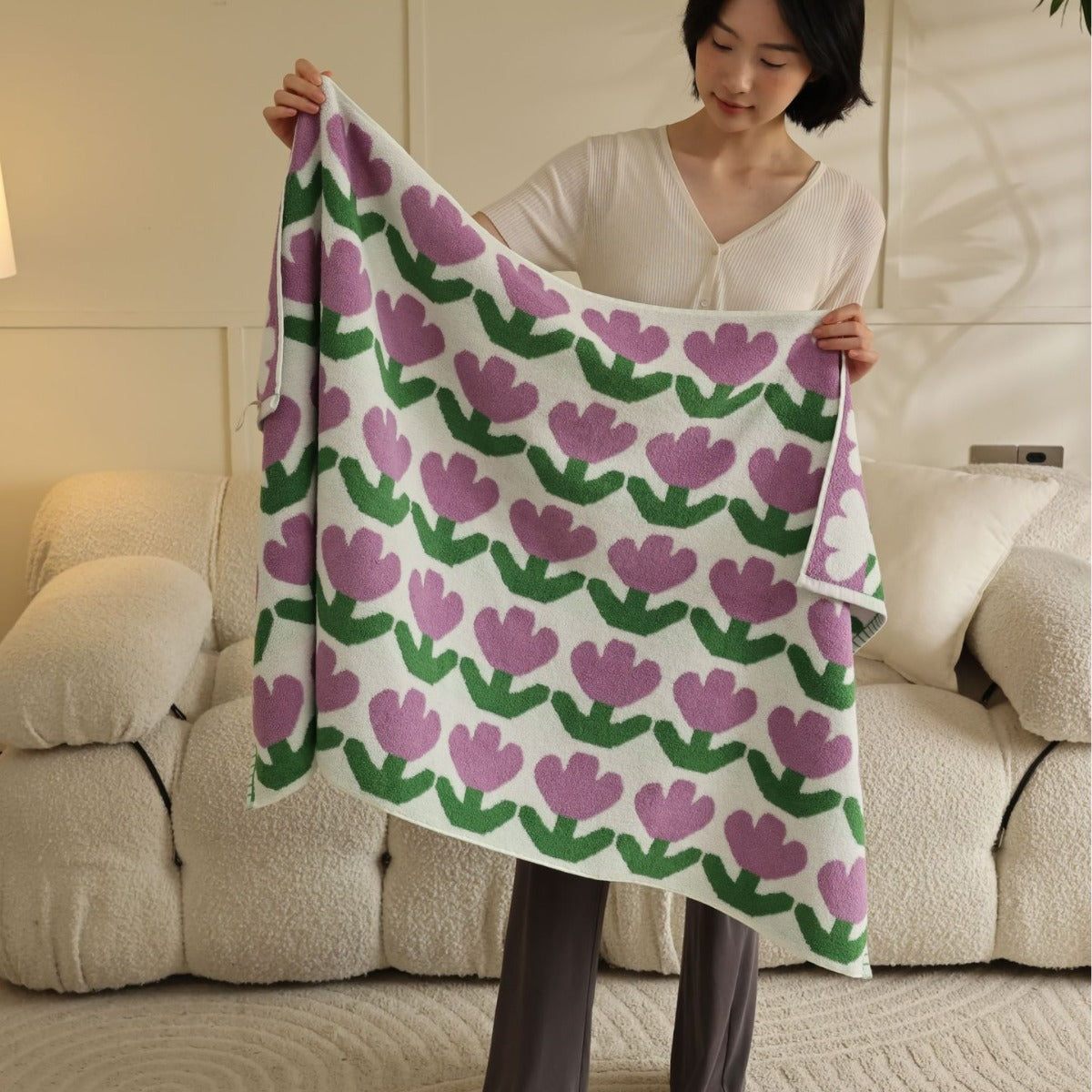 KTX-296275 Xinjiang Long-staple Cotton Small Tulip Towel Set - Soft Powder & Purple Options, 3 Sizes Available
