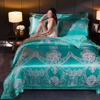 HKM-296339 Elegant Satin Jacquard Four-Piece Ice Silk Bedding Set with European Floral Patterns for Multiple Bed Sizes