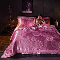 HKM-296339 Elegant Satin Jacquard Four-Piece Ice Silk Bedding Set with European Floral Patterns for Multiple Bed Sizes