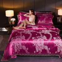 HKM-296339 Elegant Satin Jacquard Four-Piece Ice Silk Bedding Set with European Floral Patterns for Multiple Bed Sizes