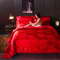 HKM-296339 Elegant Satin Jacquard Four-Piece Ice Silk Bedding Set with European Floral Patterns for Multiple Bed Sizes