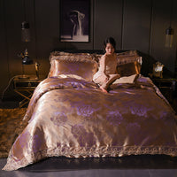 HKM-296339 Elegant Satin Jacquard Four-Piece Ice Silk Bedding Set with European Floral Patterns for Multiple Bed Sizes