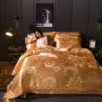 HKM-296339 Elegant Satin Jacquard Four-Piece Ice Silk Bedding Set with European Floral Patterns for Multiple Bed Sizes